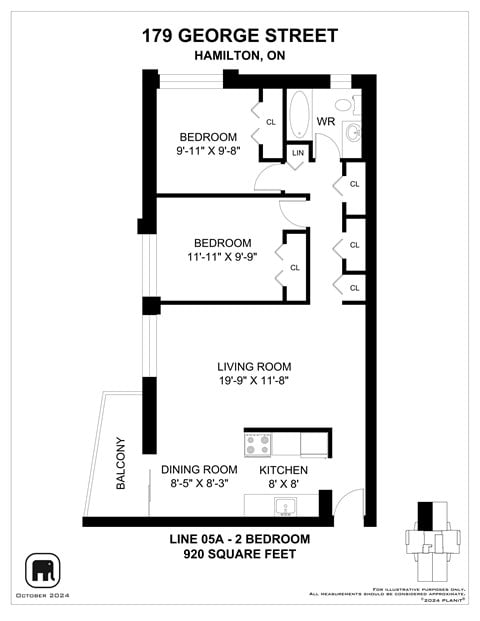 Floor plan for 2 beds, 1 bath, 920 sqft